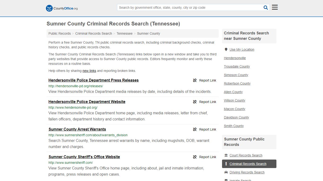 Sumner County Criminal Records Search (Tennessee) - County Office